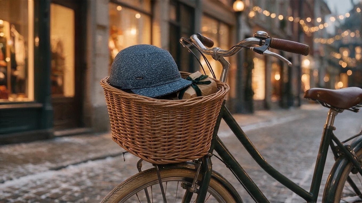 Bicycle with a wicker basket in a wintry old town street, holding a blue tweed cap and a gift with a green ribbon