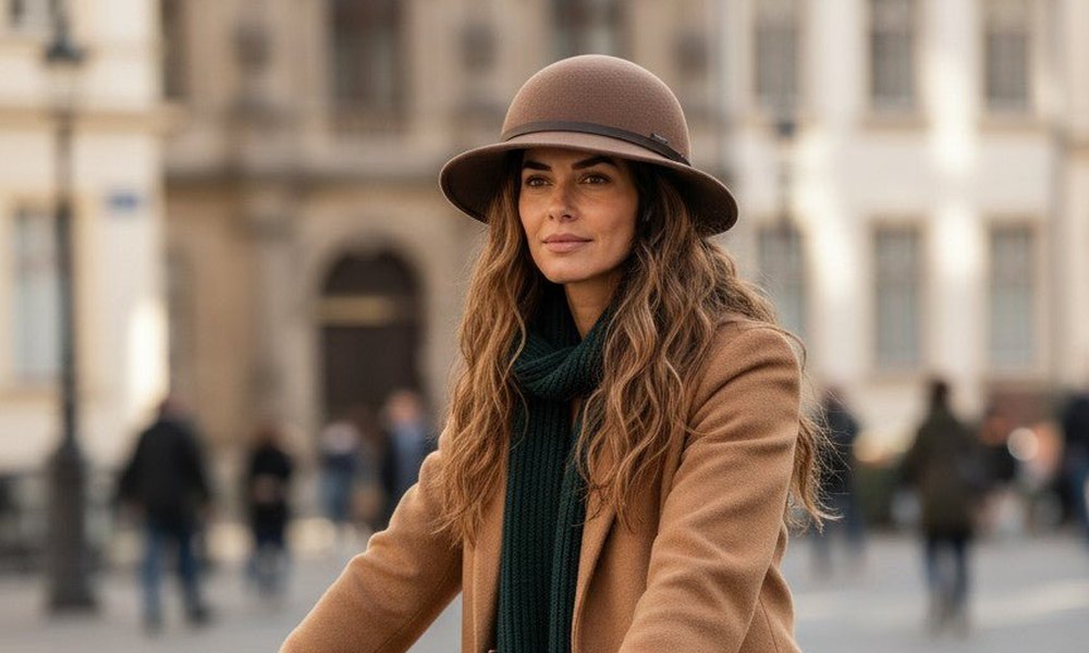 Woman in a camel coat and green scarf wearing the YAKKAY Fedora Classic Brown bike helmet