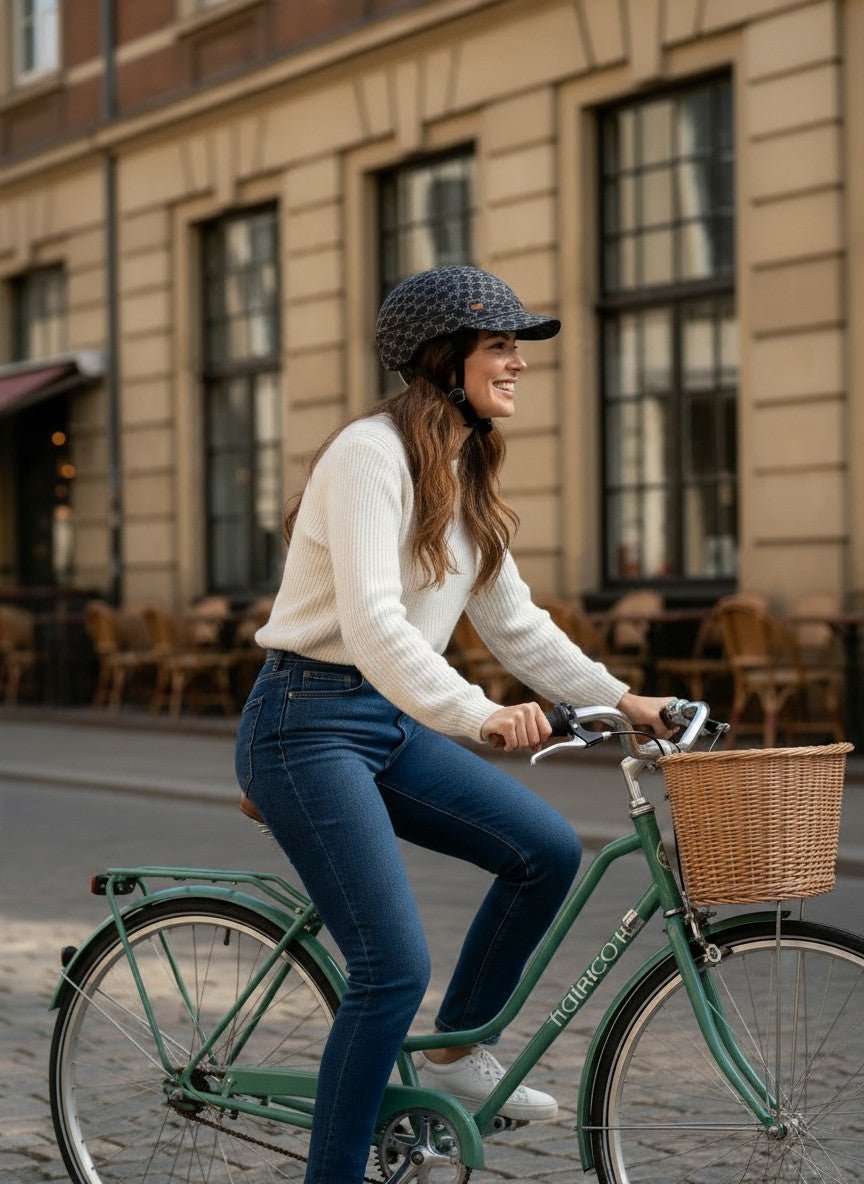 Lächelnde Frau auf grünem Fahrrad mit der YAKKAY Schirmmütze Paris Shine Signature, reflektierendes Logomuster