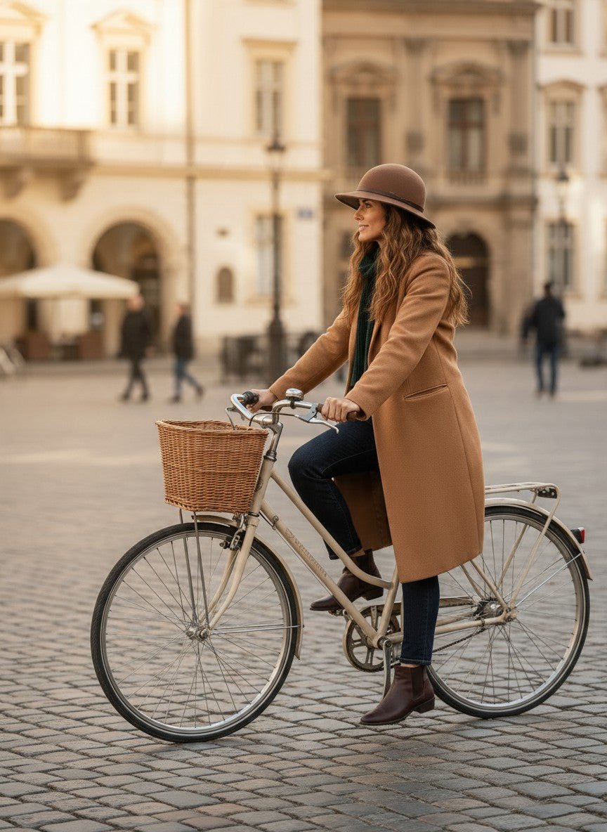 Elegante fietshelm voor dames: vrouw fietst over een plein met kinderkopjes, met YAKKAY Fedora Classic Brown