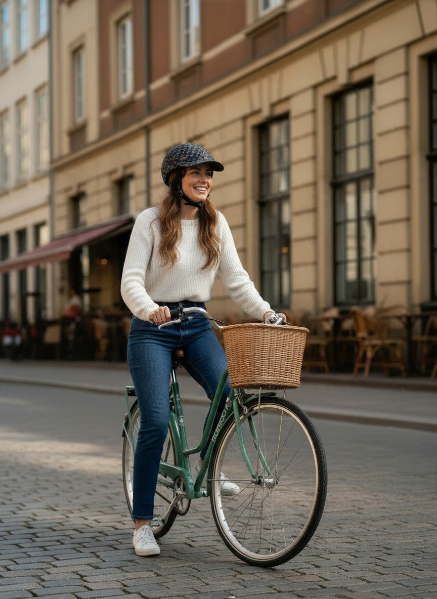 Fahrradhelm, der aussieht wie eine Schirmmütze: Frau radelt am Café vorbei, mit YAKKAY Paris Shine Signature