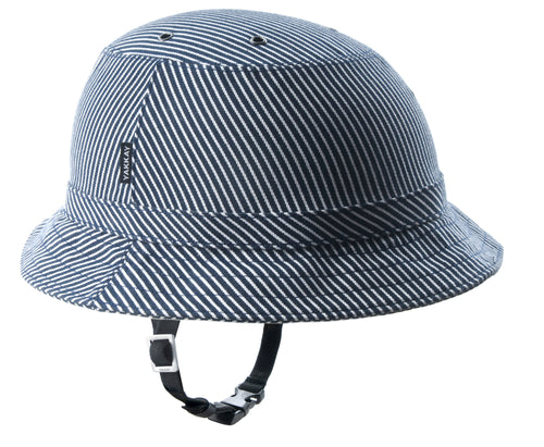 YAKKAY bicycle helmet hat with blue and with striped bucket hat cover.