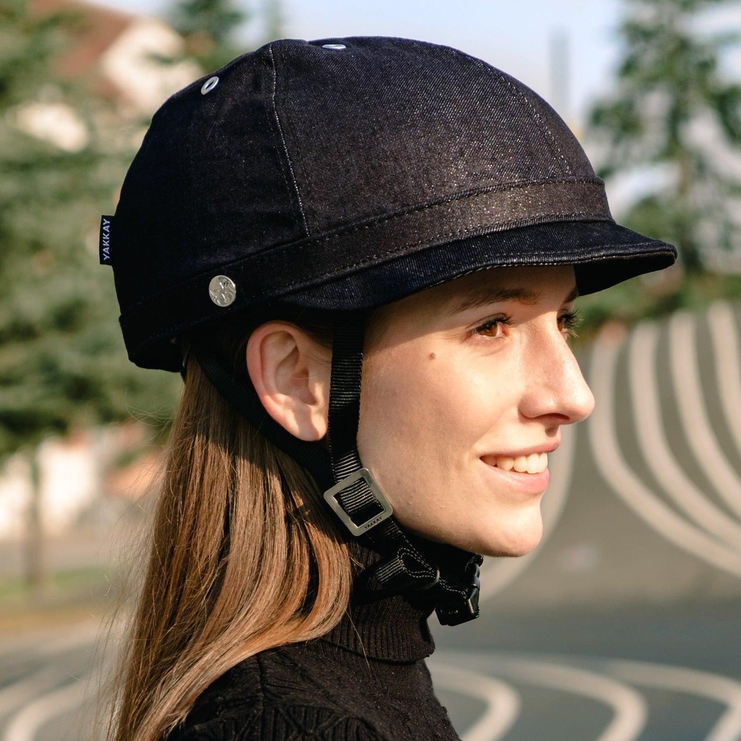 YAKKAY Milano Dark Blue Denim equestrian cap cover for Smart Two bike helmet.